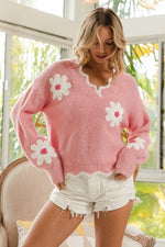 White flower Patch Pink Sweater