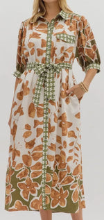 Camel/ Green Floral Dress