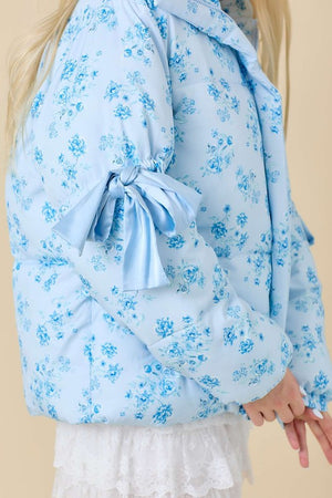 Blue Floral Bow Puffer Jacket