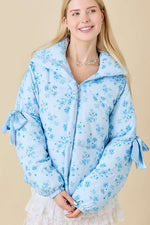 Blue Floral Bow Puffer Jacket