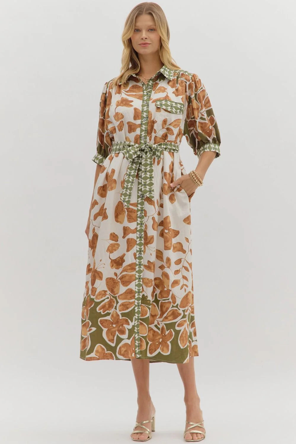 Camel/ Green Floral Dress