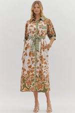 Camel/ Green Floral Dress