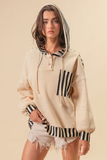 Striped  Pullover Waffle Hoodie