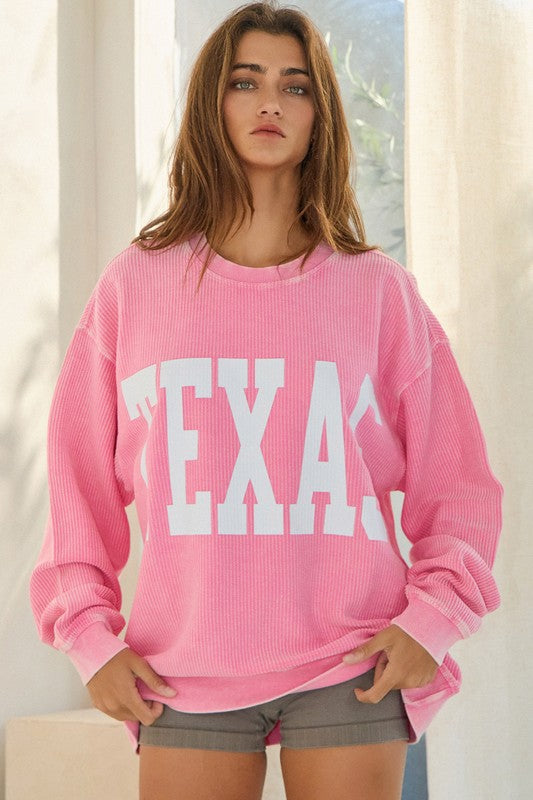 Pink Texas Ribbed Graphic Print Oversized Top