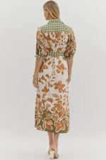 Camel/ Green Floral Dress