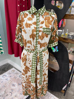Camel/ Green Floral Dress