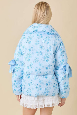 Blue Floral Bow Puffer Jacket