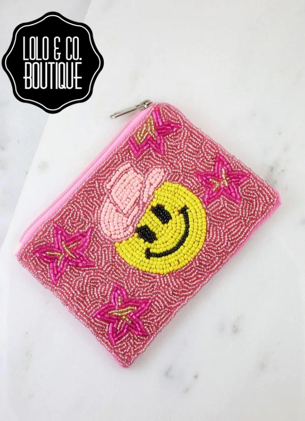 Southern Smiley Beaded Pouch Pink
